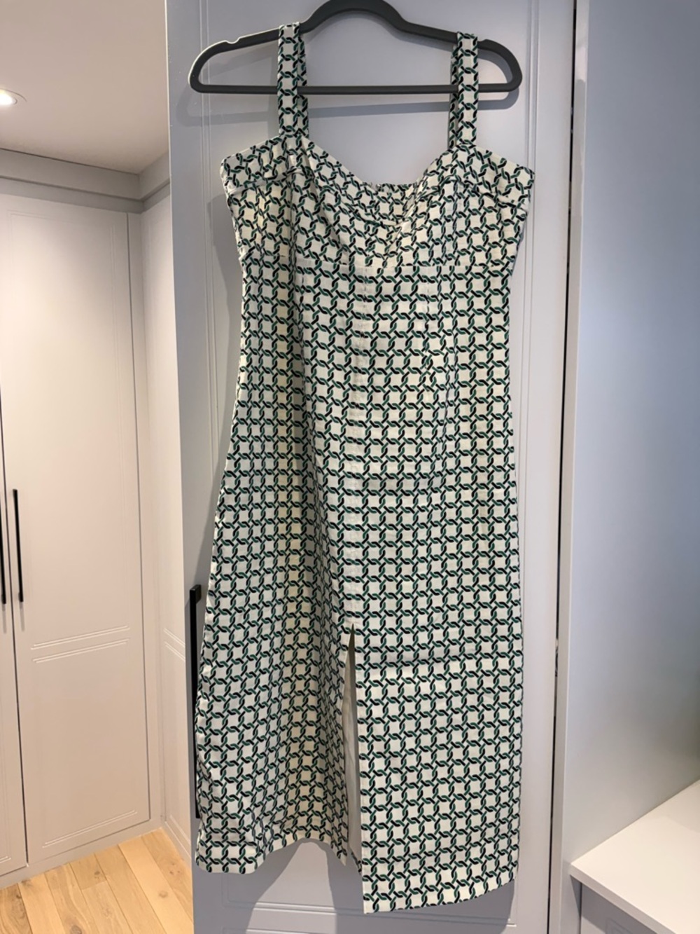Veronica Beard Cream Midi Dress with Dark Green Geometric Print